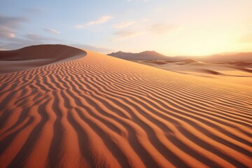 Fototapeta na wymiar Vast desert landscape bathed in the golden light of sunset, with rolling sand dunes creating a tranquil and majestic scene