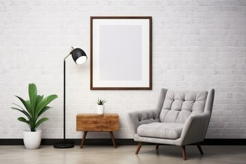Stylish living room setup with a comfortable couch, potted plant, and a blank frame on a clean wall Mock Up