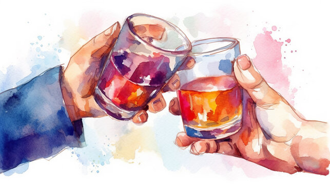 Two hands clinking glasses filled with a colorful liquid, watercolor illustration