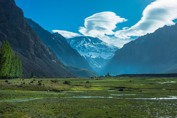 Landscape of San Jose del Maipo and it's volcano in the background - Cajon del Maipo, Chile