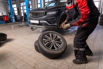 Working inside tire service center.