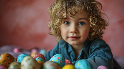 Fototapeta na wymiar 16:9 or 9:16 Cute boy playing with eggs on Easter day.for backgrounds screens greeting card or other High quality printing projects.
