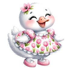Watercolor illustration of a cute baby chubby Swan bird character in a cute pink flowers pattern dress, radiating happiness and cheerfulness.