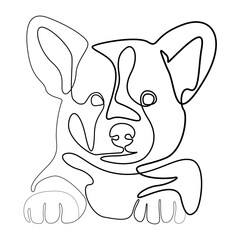 Outline drawing of corgi puppy, dog illustration. A dog's face drawn with lines. Dog is Human's friend