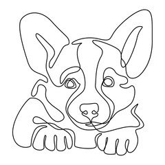 Outline drawing of corgi puppy, dog illustration. A dog's face drawn with lines. Dog is Human's friend