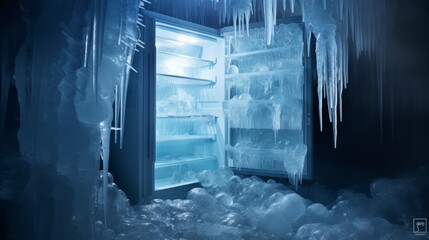 Frozen Overlook: An Abandoned, Ice-Covered Refrigerator - obrazy, fototapety, plakaty