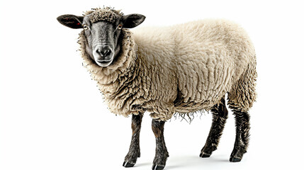 Fototapeta premium domestic sheep stands in front on white background. Made with generative ai