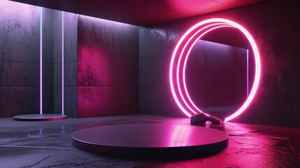 3d render interior minimalism with round podium placed in front of a black wall surround cyberpunk neon wall studio.