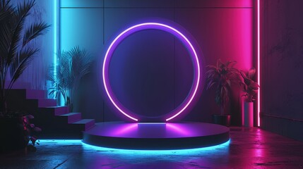 Fototapeta na wymiar 3d render interior minimalism with round podium placed in front of a black wall surround cyberpunk neon wall studio.