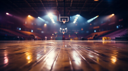 Basketball court. Sport arena. 3d render background. unfocus in long shot distance - obrazy, fototapety, plakaty