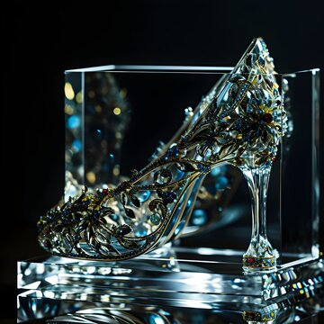 a glass shoe in a clear glass box photography