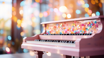 Piano keys close-up on a blurred background with bokeh. - obrazy, fototapety, plakaty