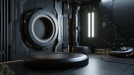 3d render interior minimalism with round podium placed in front of a black wall surround cyberpunk neon wall studio.