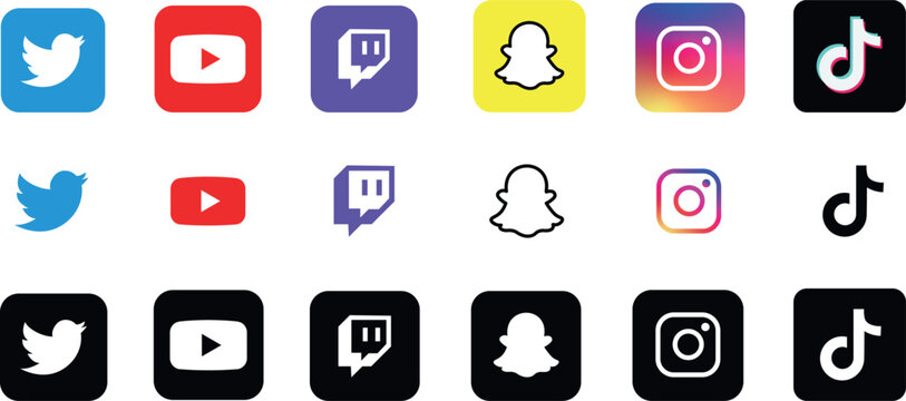 A set of logos of popular social networks. Instagram, Twitter, youtube, Snapchat, tiktok, Twitch, A realistic set of color and negative black and white opti