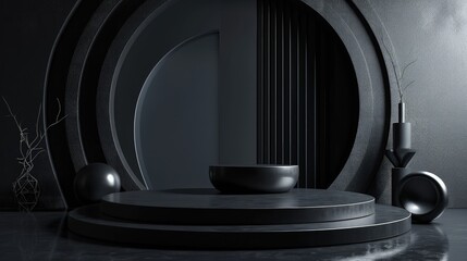 3d render interior minimalism with round podium placed in front of a black wall surround cyberpunk neon wall studio.