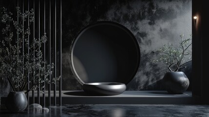 3d render interior minimalism with round podium placed in front of a black wall surround cyberpunk neon wall studio.