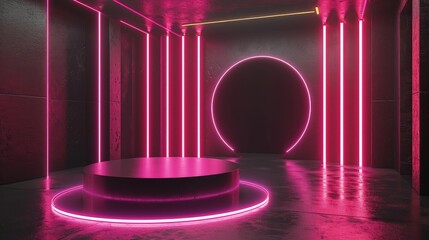 3d render interior minimalism with round podium placed in front of a black wall surround cyberpunk neon wall studio.