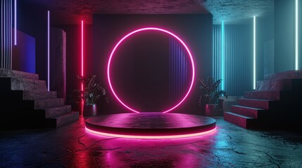 3d render interior minimalism with round podium placed in front of a black wall surround cyberpunk neon wall studio.