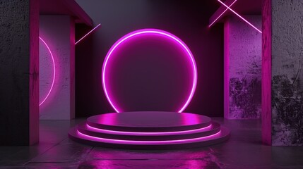 3d render interior minimalism with round podium placed in front of a black wall surround cyberpunk neon wall studio.