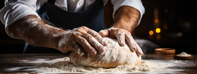 Making dough by hands at bakery - obrazy, fototapety, plakaty