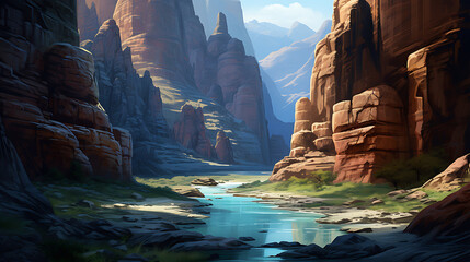 A breathtaking canyon at sunrise, with warm hues reflecting off the rocks and a river winding through the landscape