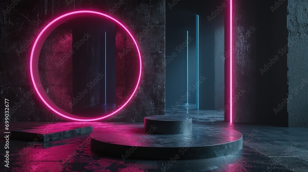 Wall mural 3d render interior minimalism with round podium placed in front of a black wall surround cyberpunk neon wall studio. - Wall murals