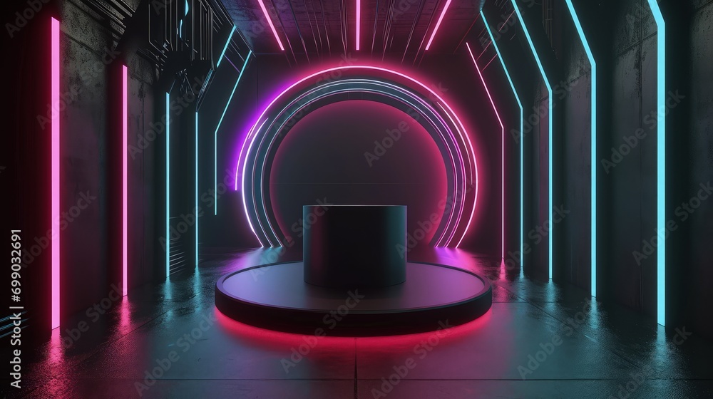 Wall mural 3d render interior minimalism with round podium placed in front of a black wall surround cyberpunk neon wall studio. - Wall murals