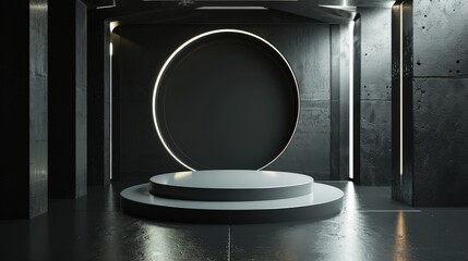3d render interior minimalism with round podium placed in front of a black wall surround cyberpunk neon wall studio.