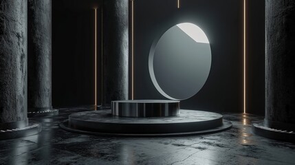 3d render interior minimalism with round podium placed in front of a black wall surround cyberpunk neon wall studio.