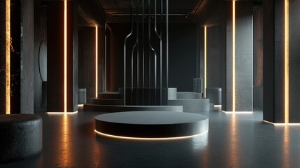 3d render interior minimalism with round podium placed in front of a black wall surround cyberpunk neon wall studio.