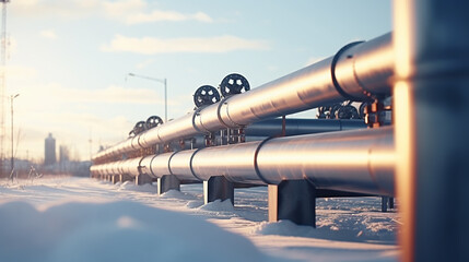 Winter landscape with the snow-covered gas pipeline and trees in hoarfrost. Gas pipe transite snow winter. - obrazy, fototapety, plakaty