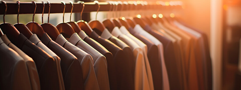 Row of men's suit jackets hanging in closet