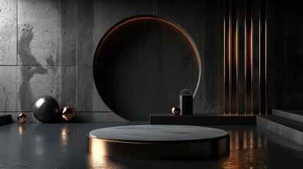 3d render interior minimalism with round podium placed in front of a black wall surround cyberpunk neon wall studio.