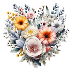 Watercolor painting of a vibrant floral heart arrangement