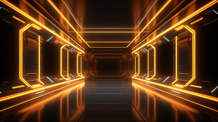 orange neon glowing spaceship corridor black background.