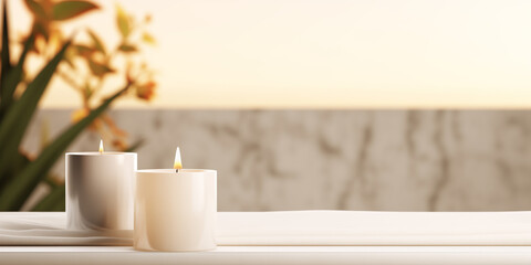 Blank white table top for copy space 3d render decorated with glass candle holders with flames.