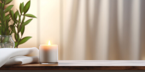 Blank white table top for copy space 3d render decorated with glass candle holders with flames.
