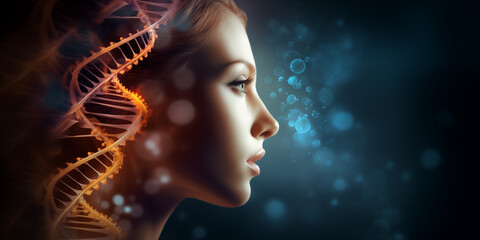 Concept of biochemistry with dna molecule, Human face, DNA on dark background.