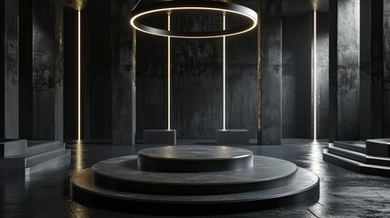 3d render interior minimalism with round podium placed in front of a black wall surround cyberpunk neon wall studio.