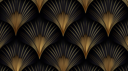Seamless golden Art Deco scallop palm fan line pattern. 