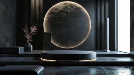 3d render interior minimalism with round podium placed in front of a black wall surround cyberpunk neon wall studio.