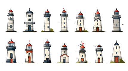 Various styles of lighthouses set on rocks, game design assets collection