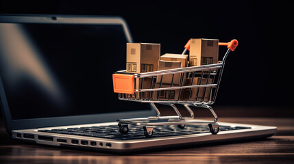 Paper boxes in a trolley and shopping bag on laptop computer