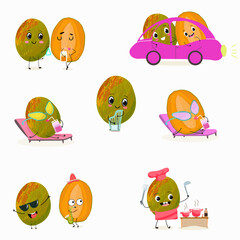 Cute cartoon mango character set, collection. Flat vector illustration. Activities, playing musical instruments, sports, funny fruits.