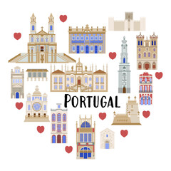 Set with architectural landmarks of Portugal, the illustration is made in a flat style for wallpaper background, gift packaging, souvenir product design, postcards and notebooks for tourists