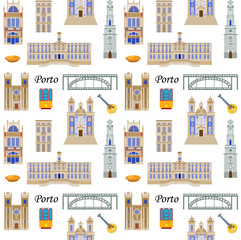 Seamless pattern with the sights of Porto Portugal, the illustration is made in a flat style for wallpaper background, gift packaging, souvenir product design, postcards and notebooks for tourists