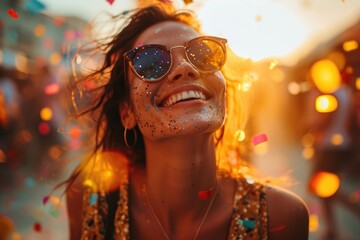 A cheerful woman with sunglasses and a hat, covered in sparkles, laughs as she is surrounded by colorful confetti, capturing the spirit of celebration