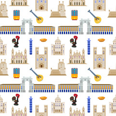 Seamless pattern with the sights of Lisbon Portugal, illustration is made in a flat style for wallpaper background, gift packaging, souvenir product design, postcards and notebooks for tourists