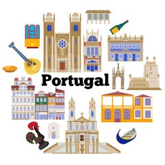 Set with landmarks of Portugal, the illustration is made in a flat style for wallpaper background, gift packaging, souvenir product design, postcards and notebooks for tourists