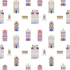 Seamless pattern with ancient Portuguese houses, the illustration is made in a flat style for wallpaper background, gift packaging, souvenir product design, postcards and notebooks for tourists